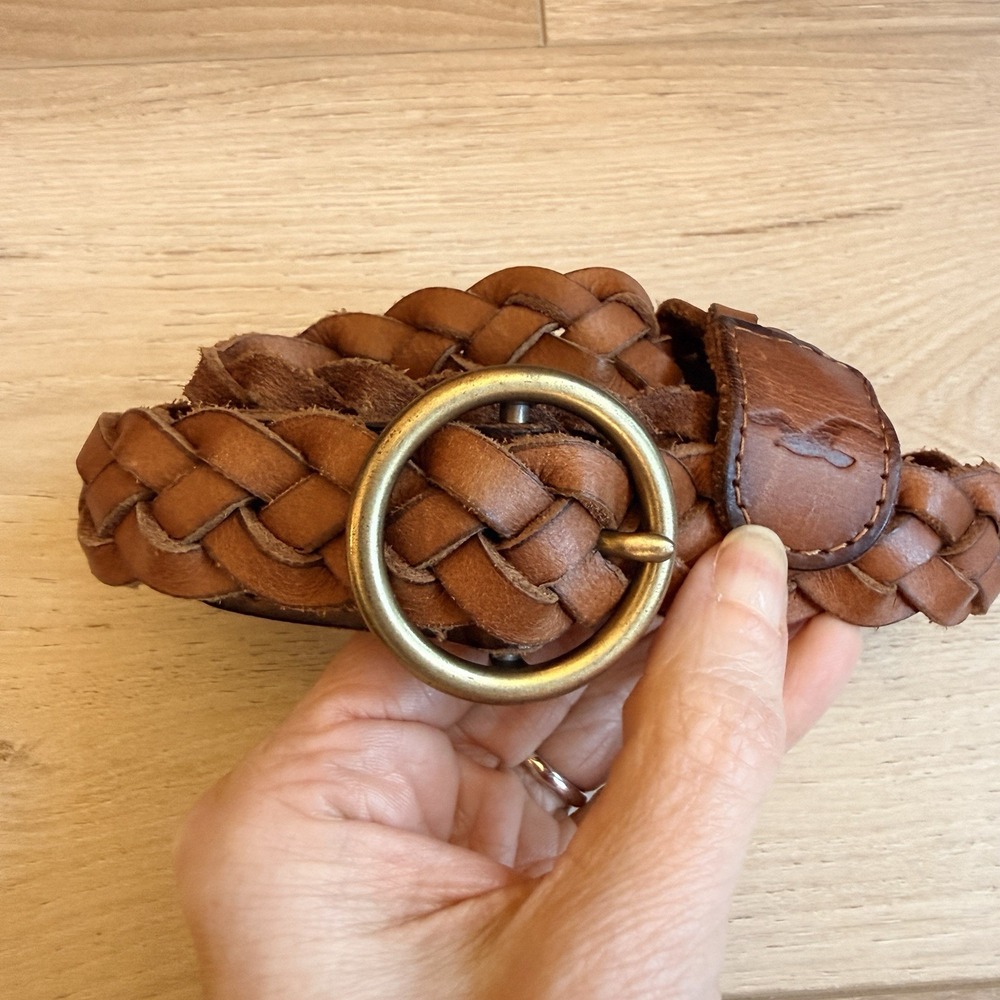 Hollister Braided Leather Belt in Brown with Brass Ring Buckle
